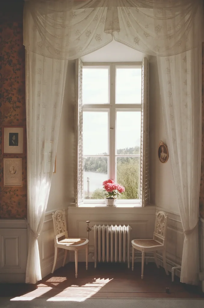 A window where the sun shines in. A flower pot stands on the windowsill and two chairs stand next to it. There are two paintings hanging to the left and one to the right of the window.